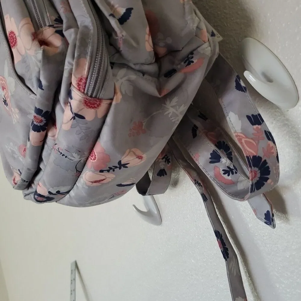 JuJuBe Be Right Back Multi-Function Diaper Backpack Floral Gray Multi Zip Pocket